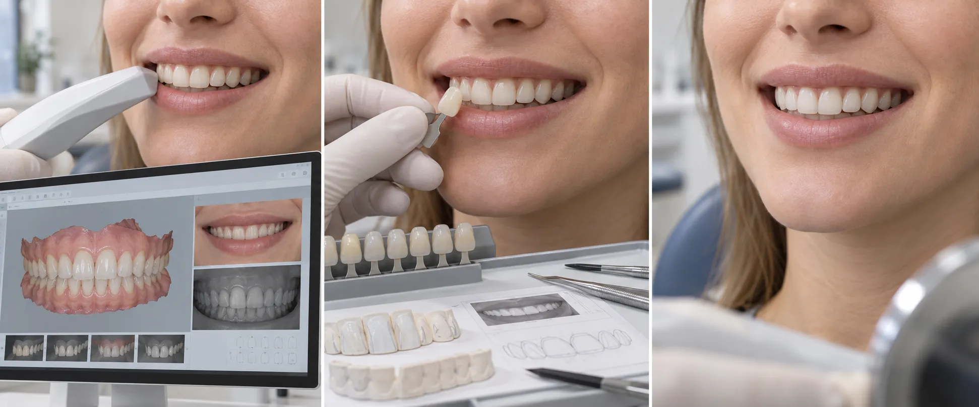 Educational three-stage scene showing digital smile assessment, shade and restoration planning and a natural-looking completed smile