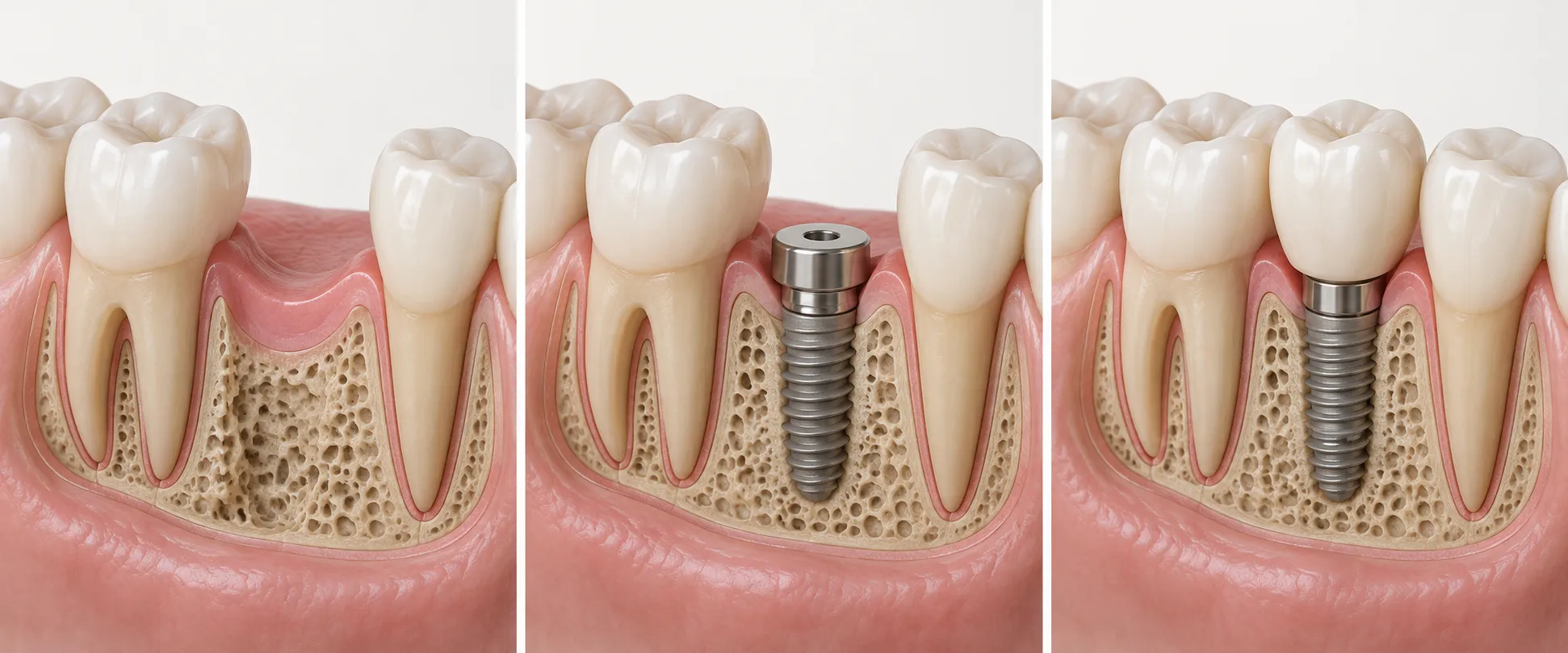 Educational three-stage illustration showing a missing tooth space, a dental implant in the jawbone and a completed implant crown