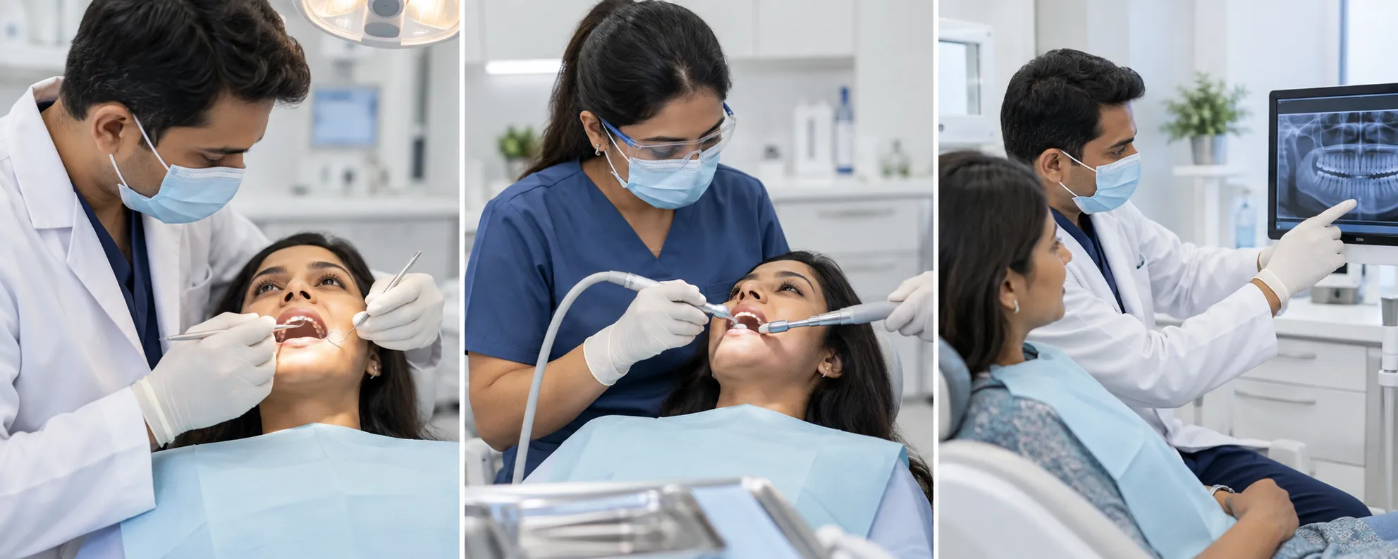 Educational three-stage scene showing a dental examination, professional cleaning and a dentist explaining findings to a patient