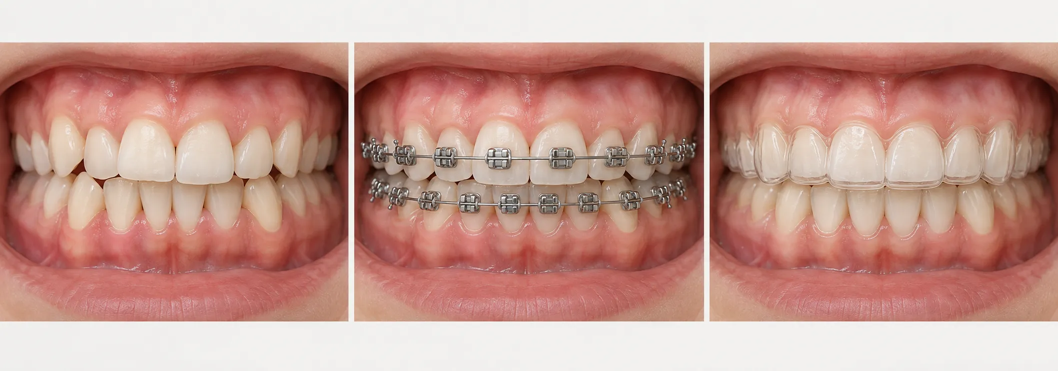 Educational three-stage illustration showing crowded teeth, fixed braces during alignment and aligned teeth with a clear retainer