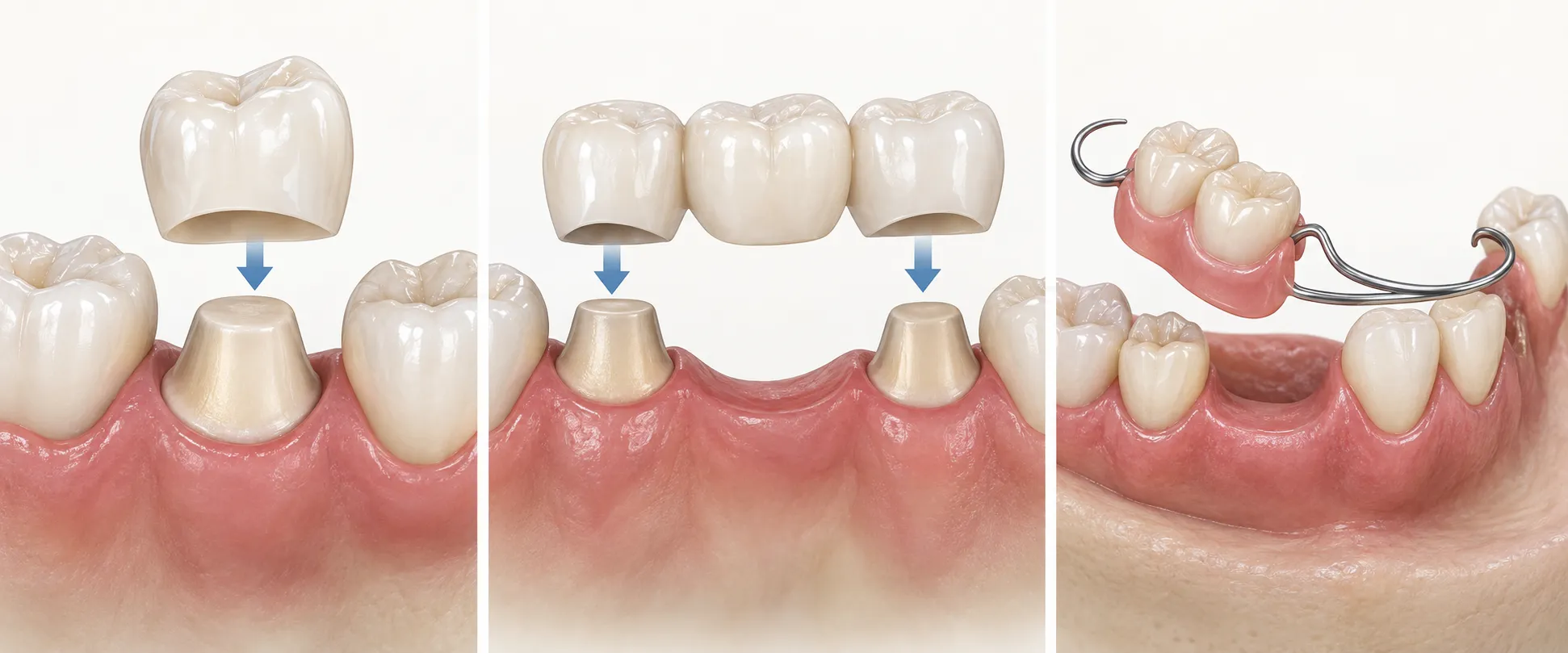 Educational comparison showing a dental crown, fixed bridge and removable partial denture