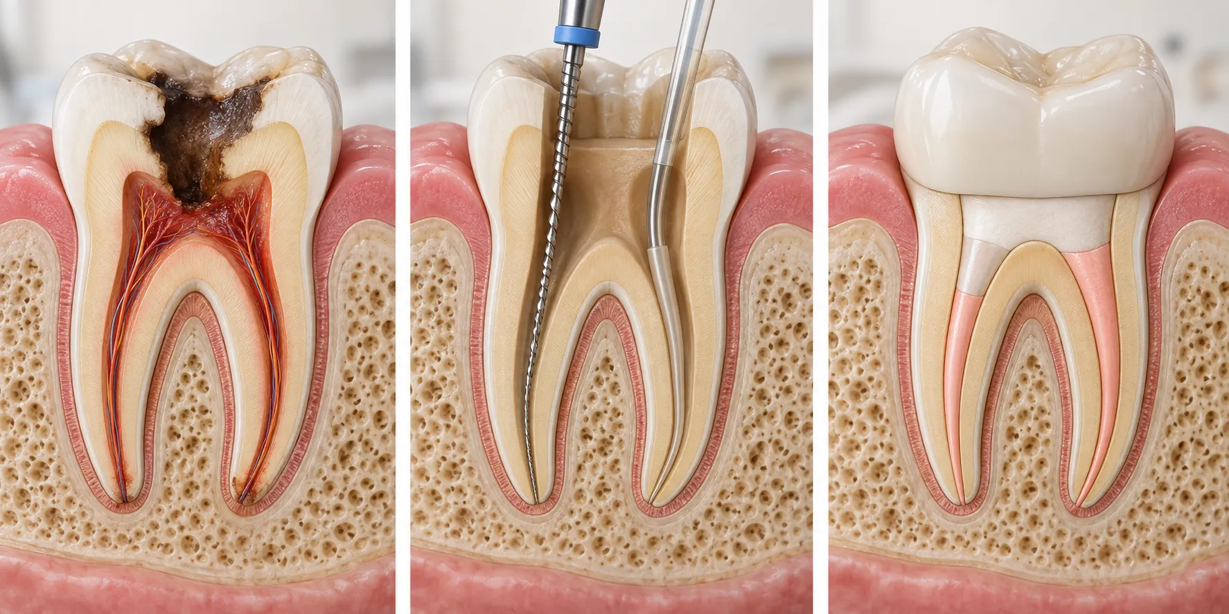 Educational three-stage cutaway illustration showing tooth decay reaching the pulp, root canal cleaning and a sealed restored tooth